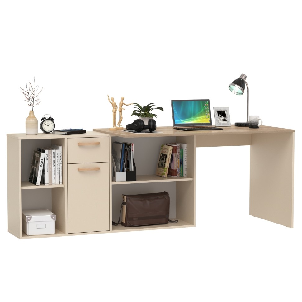 Лайт Стол письменный 03.245F, цвет сатин/дуб эндгрейн элегантный, ШхГхВ 136х139,2х75,2 см.(угловой) или 203,5х68х75,2 см.(прямой), универс. сборка