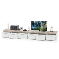 СНЯТО Тумба под ТВ Петра 13.281 + 13.281, цвет корпус: белый шагрень/фасады: МДФ бетон чикаго бежевый/МДФ милк софт, ШхГхВ 276,8х40,6х36,6 см.