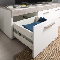 СНЯТО Тумба под ТВ Петра 13.281 + 13.281, цвет корпус: белый шагрень/фасады: МДФ бетон чикаго бежевый/МДФ милк софт, ШхГхВ 276,8х40,6х36,6 см.