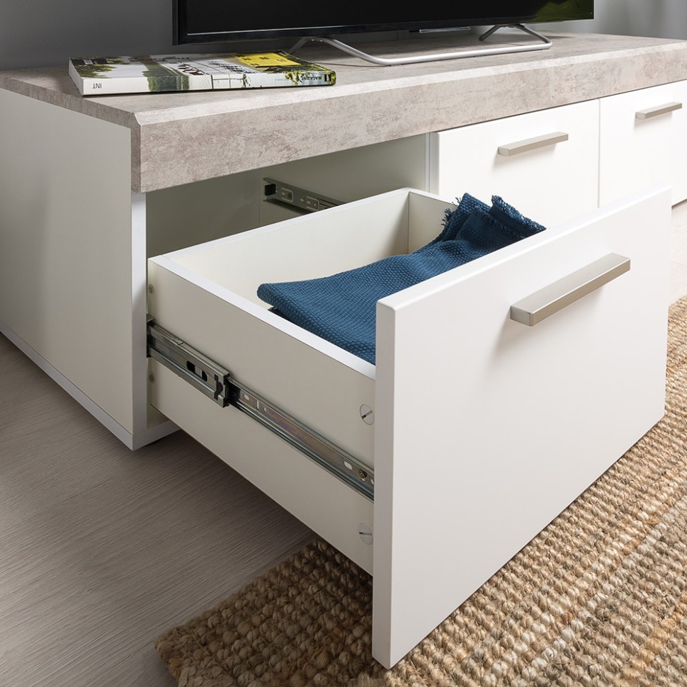 СНЯТО Тумба под ТВ Петра 13.281 + 13.281, цвет корпус: белый шагрень/фасады: МДФ бетон чикаго бежевый/МДФ милк софт, ШхГхВ 276,8х40,6х36,6 см.