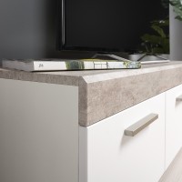СНЯТО Тумба под ТВ Петра 13.281 + 13.281, цвет корпус: белый шагрень/фасады: МДФ бетон чикаго бежевый/МДФ милк софт, ШхГхВ 276,8х40,6х36,6 см.