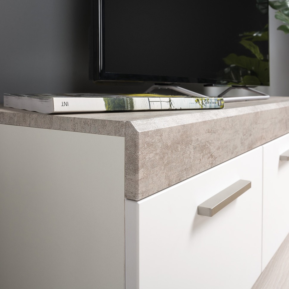 СНЯТО Тумба под ТВ Петра 13.281 + 13.281, цвет корпус: белый шагрень/фасады: МДФ бетон чикаго бежевый/МДФ милк софт, ШхГхВ 276,8х40,6х36,6 см.