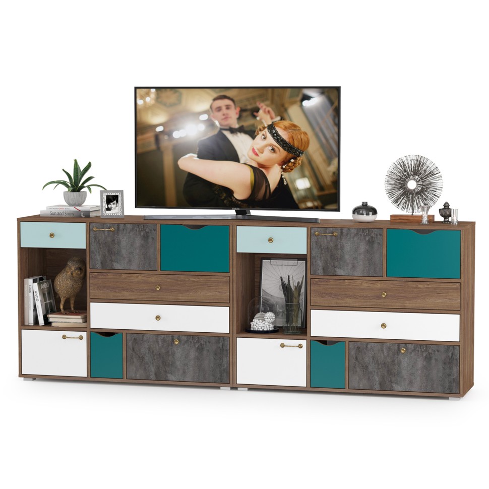 Вайс Комод 10.104 + Комод 10.104, цвет морское дерево винтаж/камень тёмный/бензин/мята/белый премиум, ШхГхВ 242,4х39,9х88,8 см., НЕ универс. сборка