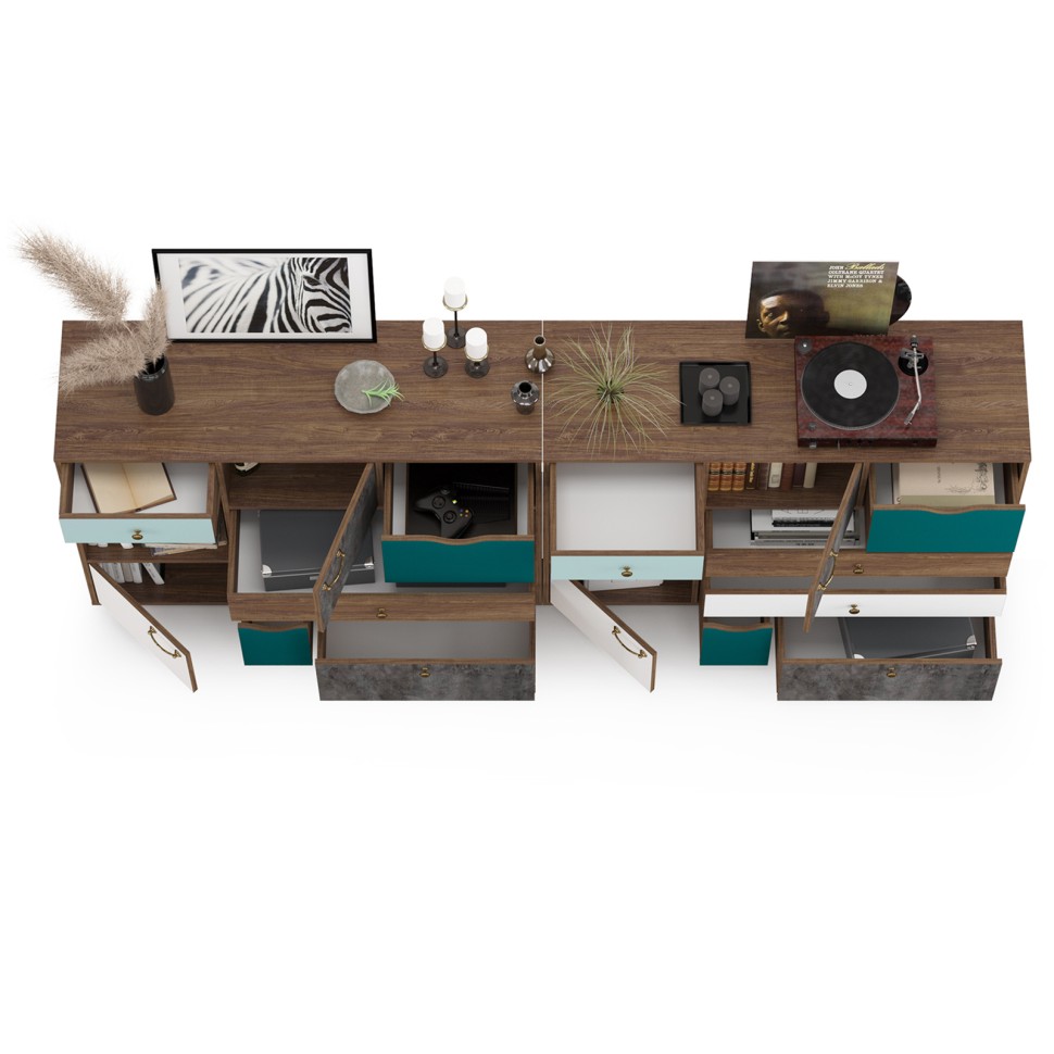 Вайс Комод 10.104 + Комод 10.104, цвет морское дерево винтаж/камень тёмный/бензин/мята/белый премиум, ШхГхВ 242,4х39,9х88,8 см., НЕ универс. сборка