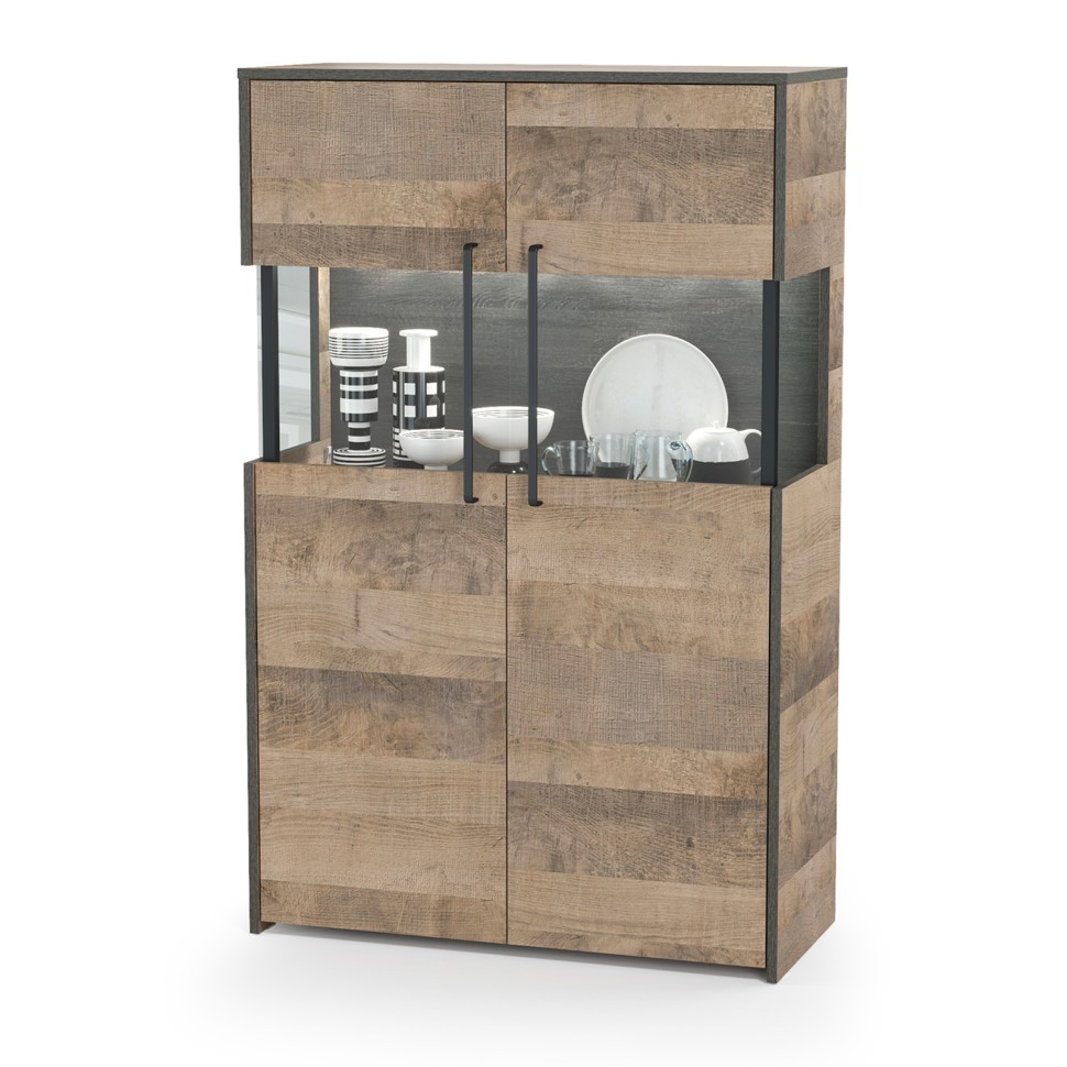 Трувор 13.306 Комод с витриной, цвет дуб гранж песочный/интра, ШхГхВ 85,8х37х135,3 см., есть светодиодная подсветка