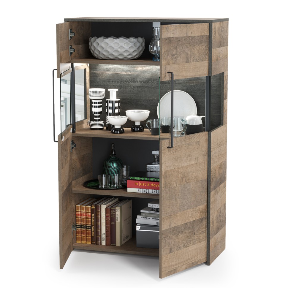 Трувор 13.306 Комод с витриной, цвет дуб гранж песочный/интра, ШхГхВ 85,8х37х135,3 см., есть светодиодная подсветка