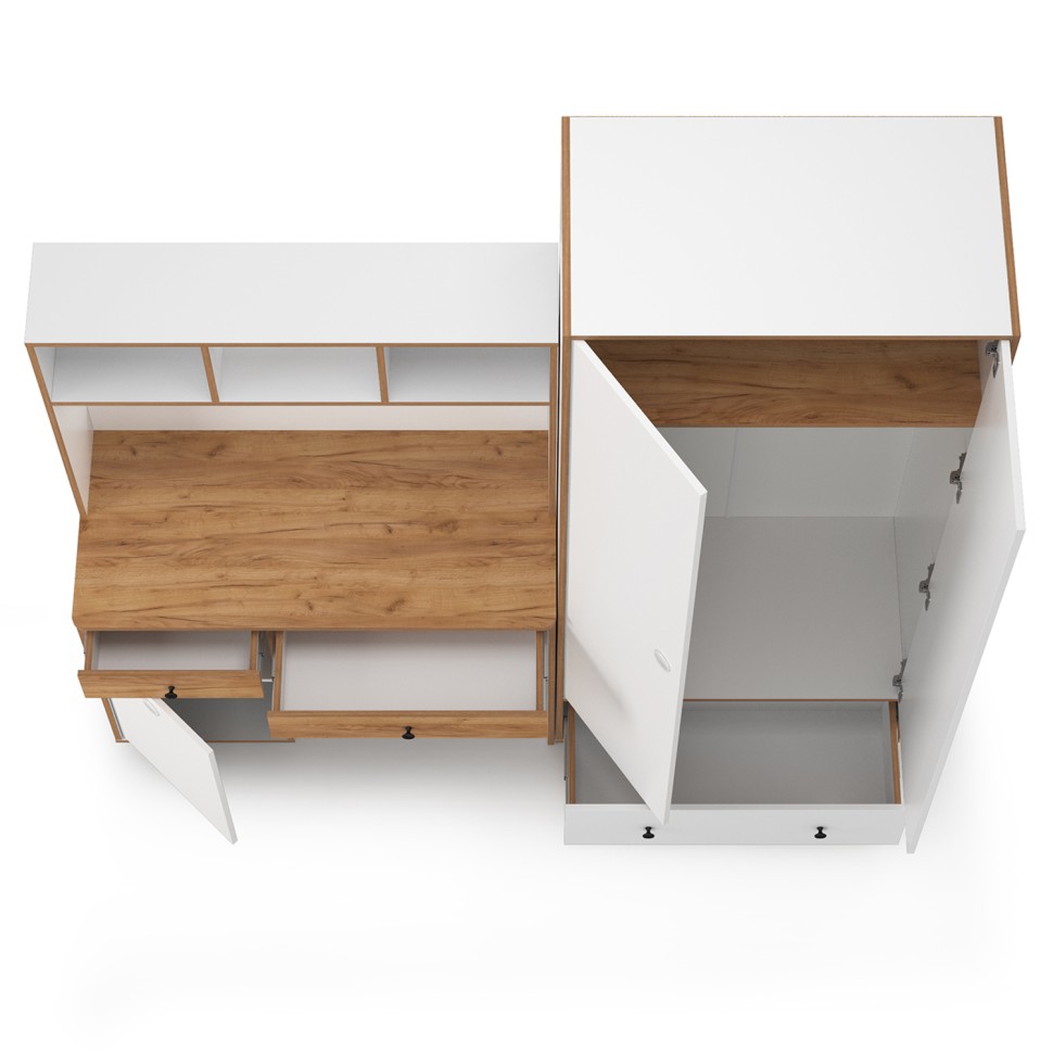 Вуди Компоновка № 20, цвет белый премиум/дуб крафт золотой, ШхГхВ 196х52,7х205 см., универсальная сборка