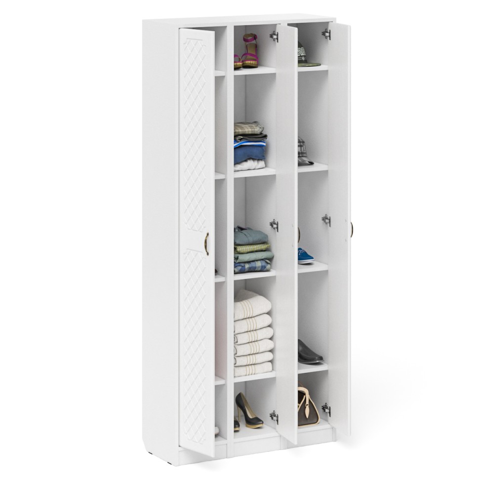 Прихожая П-6 Пенал 3 штуки, цвет белая шагрень/фасады МДФ белое дерево фрезеровка ромб, ШхГхВ 90х35х210 см., универсальная сборка