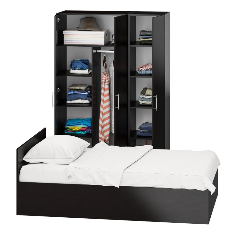 Спальня Стандарт 1-1200, цвет венге, ШхГхВ 123,5х203,5х70 + 135х52х200 см., сп.м. 1200х2000 мм., без матраса, основание есть