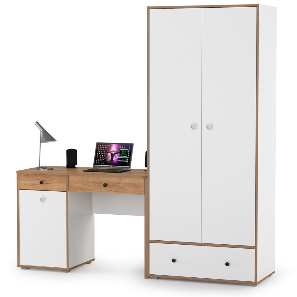 Вуди Компоновка № 21, цвет белый премиум/дуб крафт золотой, ШхГхВ 196х52,7х205 см., универсальная сборка