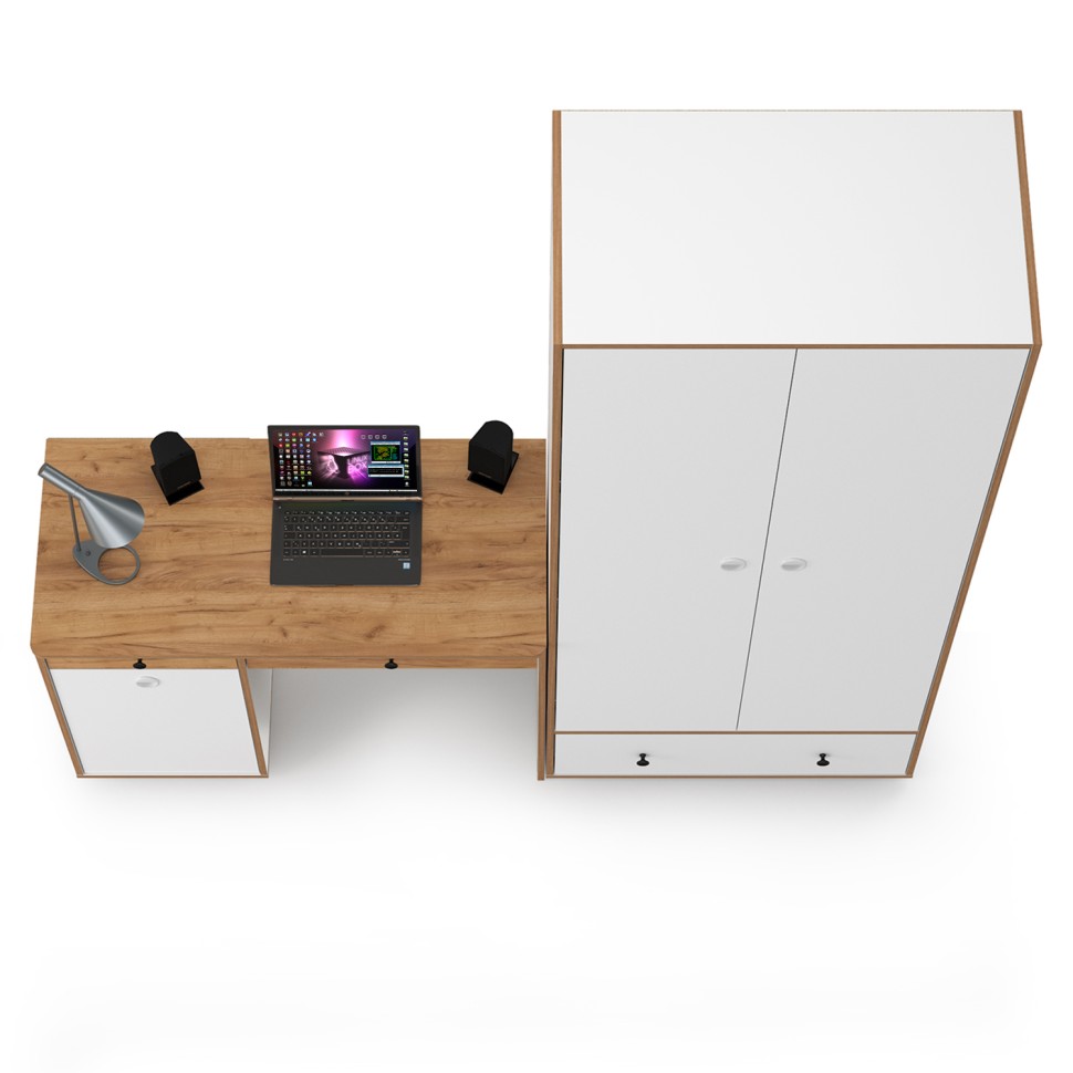 Вуди Компоновка № 21, цвет белый премиум/дуб крафт золотой, ШхГхВ 196х52,7х205 см., универсальная сборка