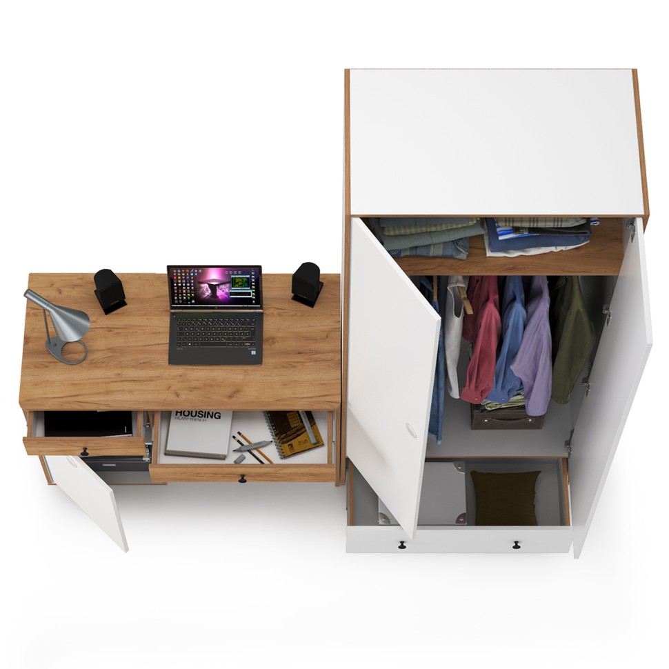 Вуди Компоновка № 21, цвет белый премиум/дуб крафт золотой, ШхГхВ 196х52,7х205 см., универсальная сборка