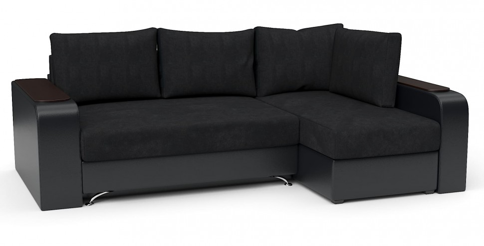 Диван угловой Тибет еврокнижка черный велюр+черная экокожа