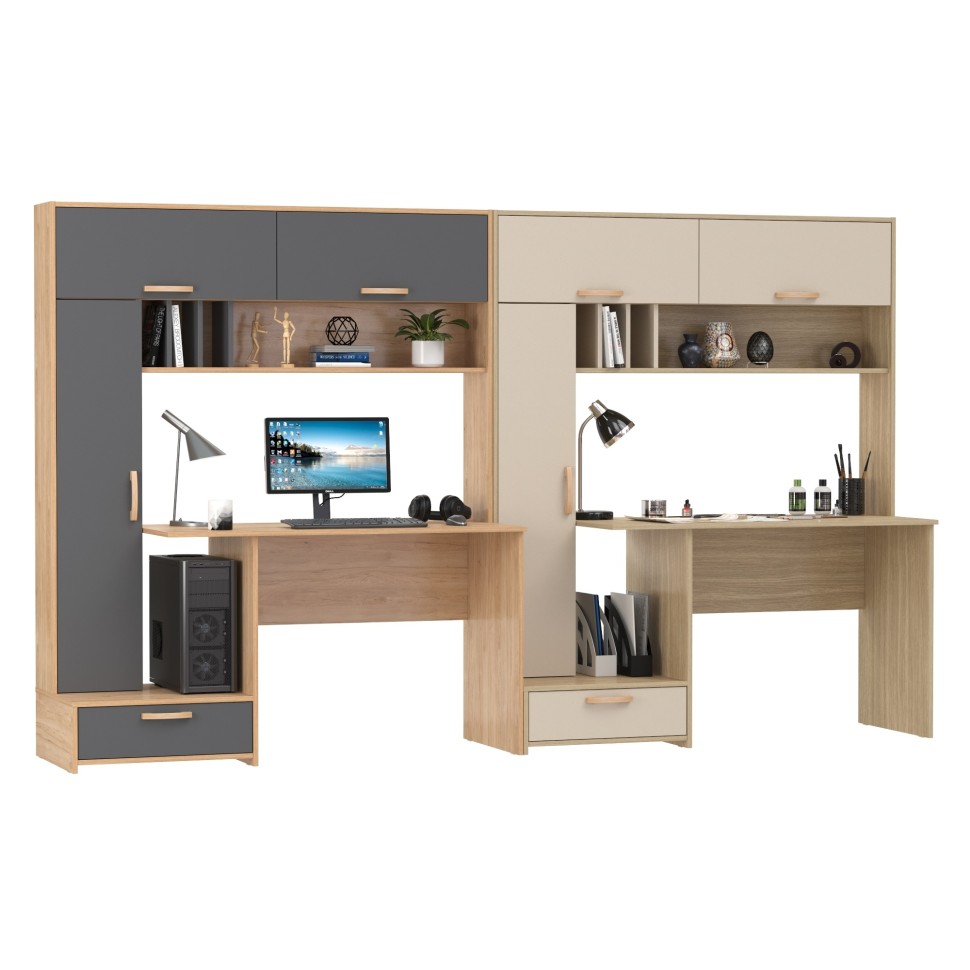 Два Стола письменных Лайт 03.243Н, цвет гикори рокфорд натуральный/тёмно-серый/плэйн/сатин, ШхГхВ 300,4х57,3х179,9 см., НЕ универсальная сборка