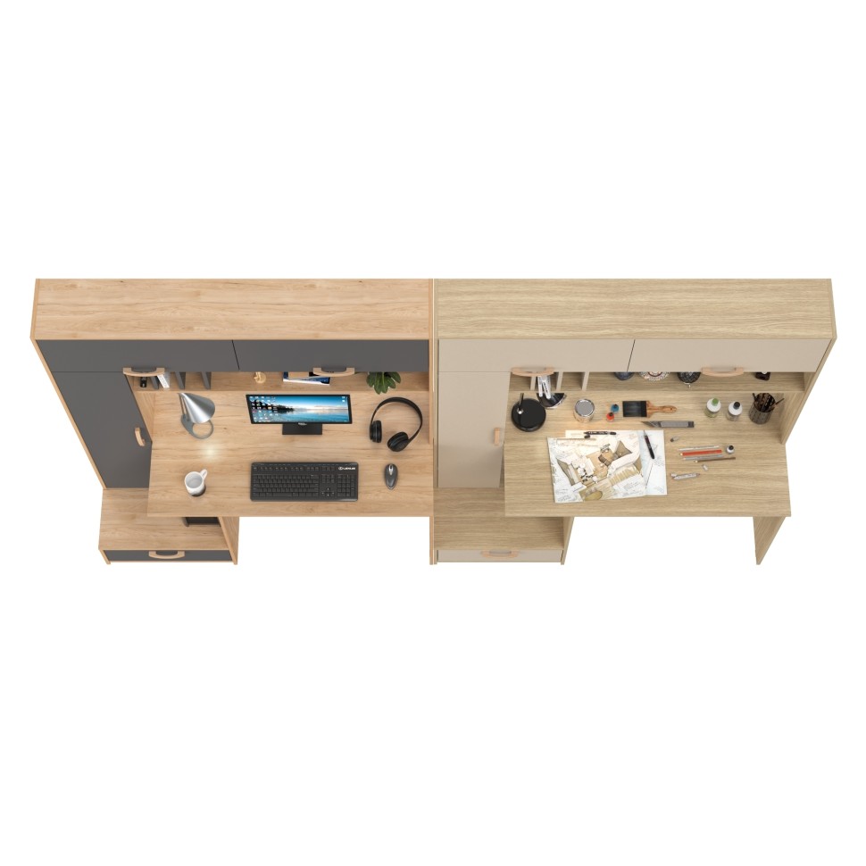 Два Стола письменных Лайт 03.243Н, цвет гикори рокфорд натуральный/тёмно-серый/плэйн/сатин, ШхГхВ 300,4х57,3х179,9 см., НЕ универсальная сборка