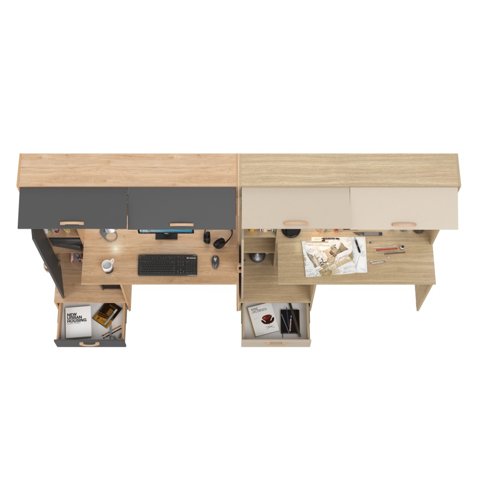 Два Стола письменных Лайт 03.243Н, цвет гикори рокфорд натуральный/тёмно-серый/плэйн/сатин, ШхГхВ 300,4х57,3х179,9 см., НЕ универсальная сборка