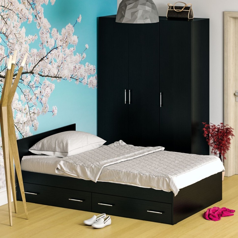 Спальня Стандарт 1-1200Я, цвет венге, ШхГхВ 123,5х203,5х70 + 135х52х200 см., сп.м. 1200х2000 мм., без матраса, основание есть