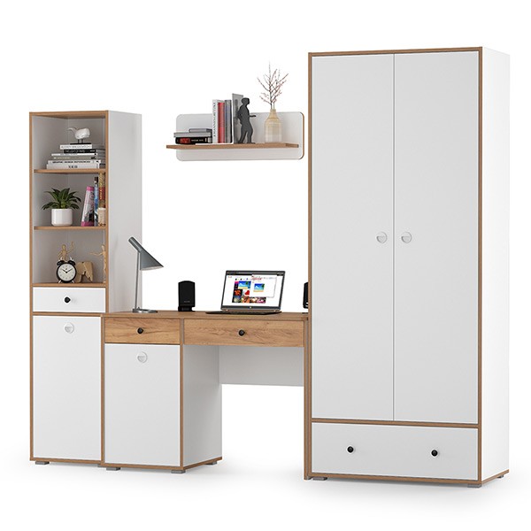 Вуди Компоновка № 22, цвет белый премиум/дуб крафт золотой, ШхГхВ 241х52,7х205 см., универсальная сборка