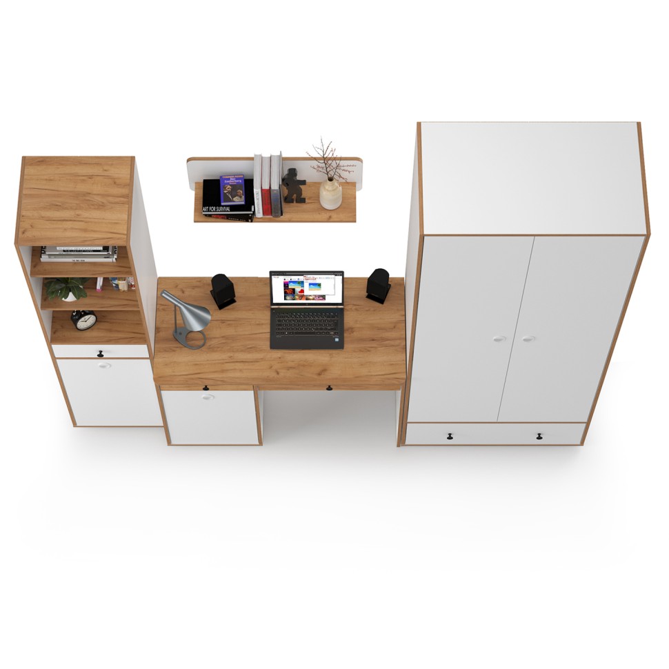 Вуди Компоновка № 22, цвет белый премиум/дуб крафт золотой, ШхГхВ 241х52,7х205 см., универсальная сборка