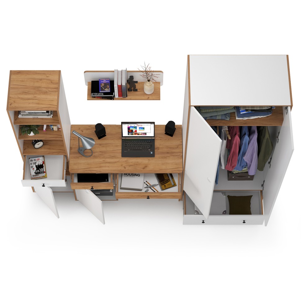 Вуди Компоновка № 22, цвет белый премиум/дуб крафт золотой, ШхГхВ 241х52,7х205 см., универсальная сборка