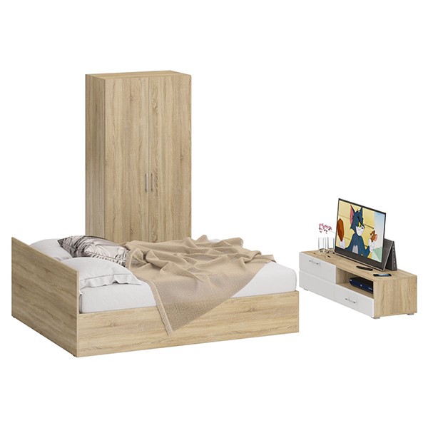 Спальня Стандарт 3-1600, цвет дуб сонома/фасады ТВ тумбы МДФ белый глянец, сп.м. 1600х2000 мм., без матраса, основание есть