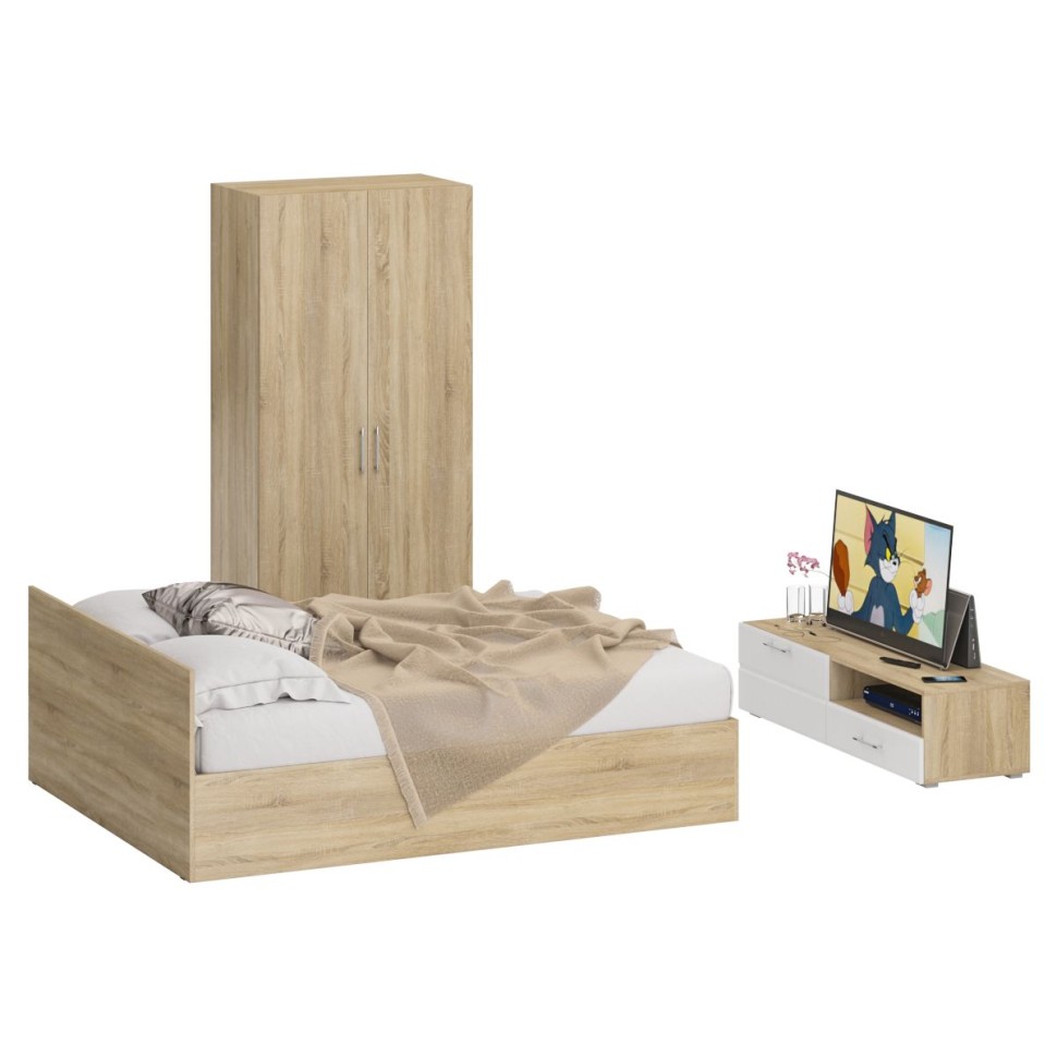 Спальня Стандарт 3-1600, цвет дуб сонома/фасады ТВ тумбы МДФ белый глянец, сп.м. 1600х2000 мм., без матраса, основание есть