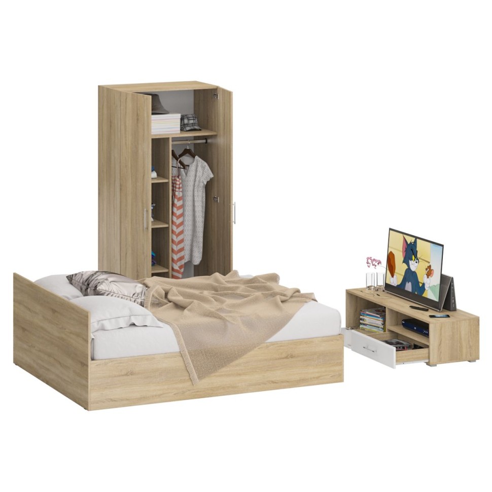 Спальня Стандарт 3-1600, цвет дуб сонома/фасады ТВ тумбы МДФ белый глянец, сп.м. 1600х2000 мм., без матраса, основание есть