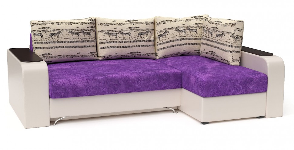 Диван угловой Тибет еврокнижка фиолетовый велюр+бежевая экокожа