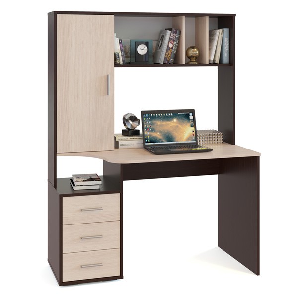 Стол компьютерный Сокол КСТ-16, цвет венге/беленый дуб, ШхГхВ 120х60х160 см., стол компьютерный с тумбой и надстройкой, НЕ универсальная сборка