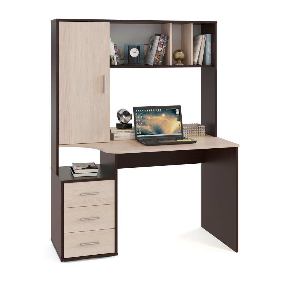 Стол компьютерный Сокол КСТ-16, цвет венге/беленый дуб, ШхГхВ 120х60х160 см., стол компьютерный с тумбой и надстройкой, НЕ универсальная сборка