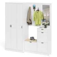 Прихожая П-6 Компоновка № 51, цвет белая шагрень/фасады МДФ белое дерево фрезеровка прованс, ШхГхВ 200х50х210 см., универсальная сборка