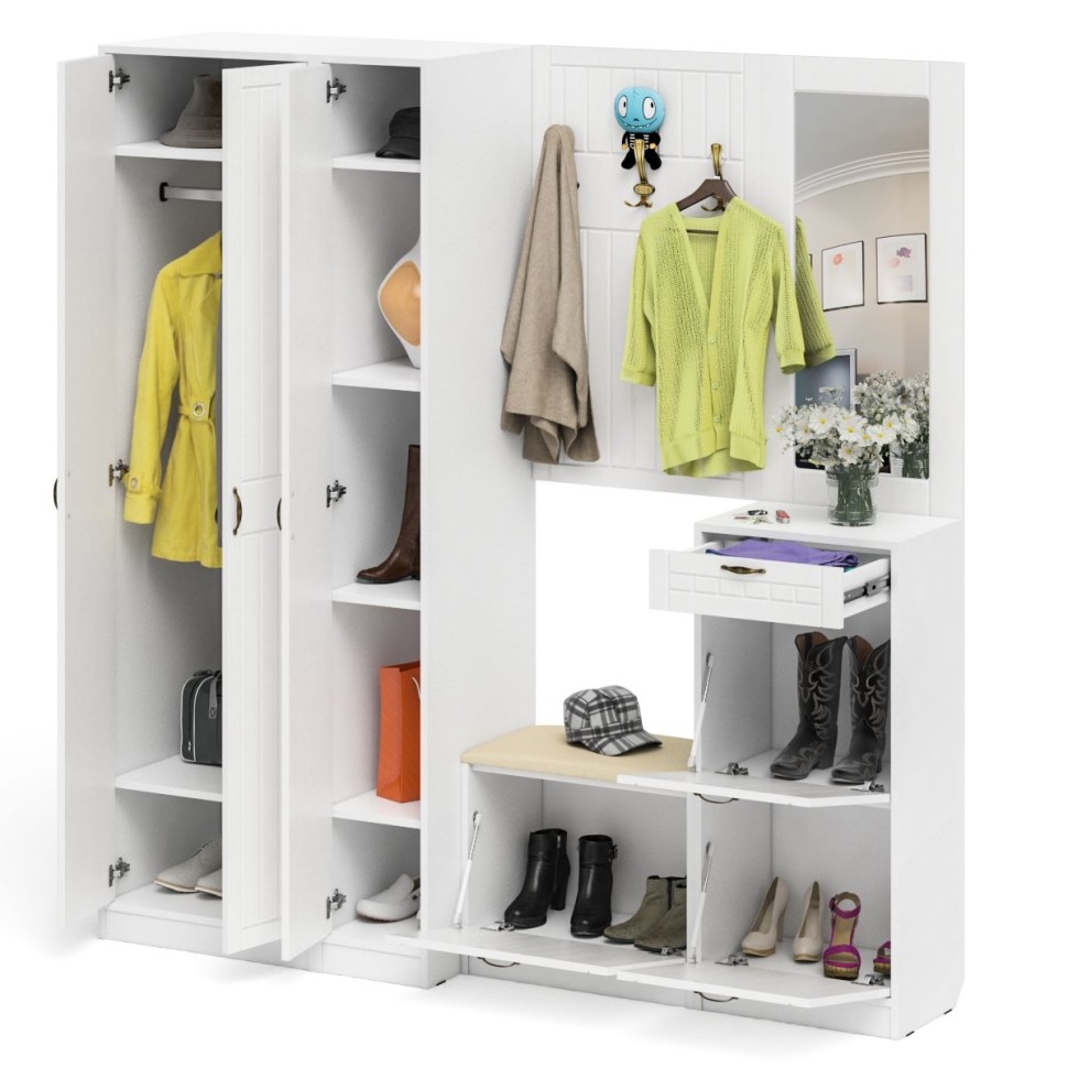 Прихожая П-6 Компоновка № 51, цвет белая шагрень/фасады МДФ белое дерево фрезеровка прованс, ШхГхВ 200х50х210 см., универсальная сборка