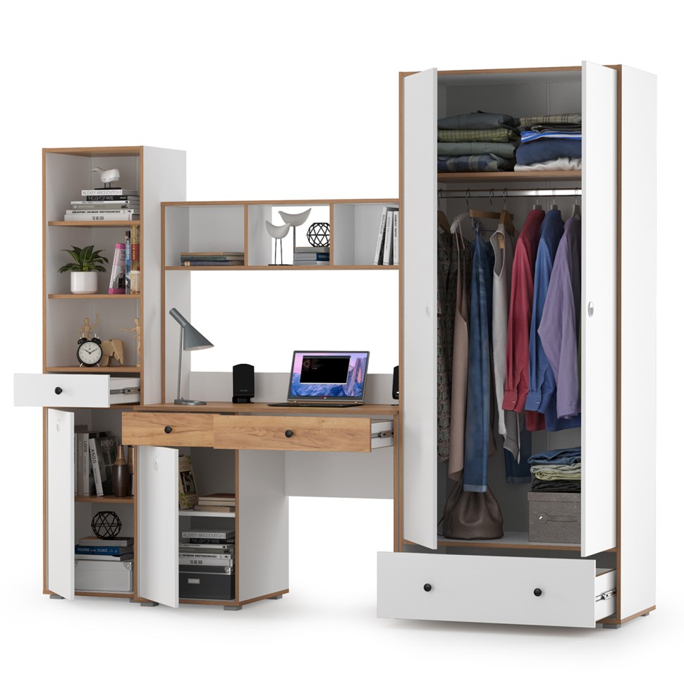 Вуди Компоновка № 24, цвет белый премиум/дуб крафт золотой, ШхГхВ 241х52,7х205 см., универсальная сборка