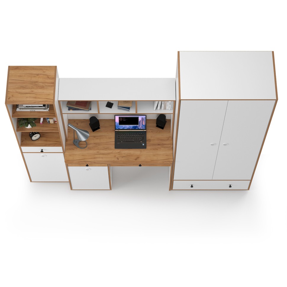 Вуди Компоновка № 24, цвет белый премиум/дуб крафт золотой, ШхГхВ 241х52,7х205 см., универсальная сборка