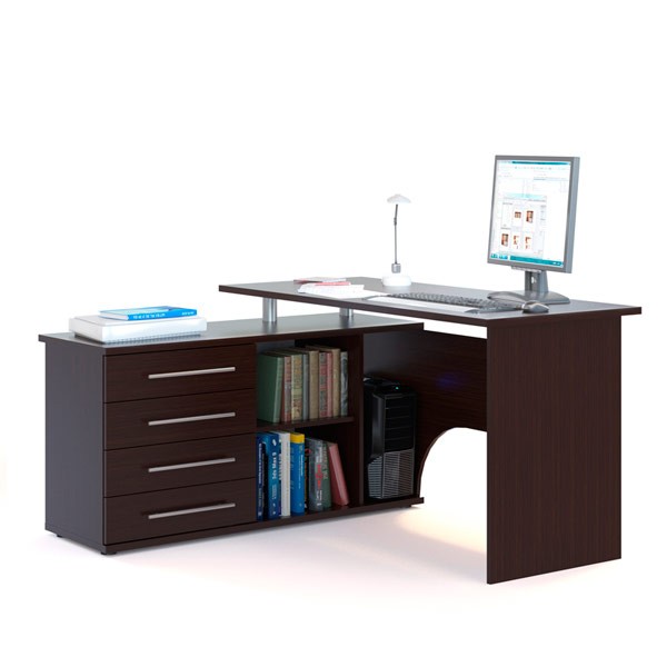 Стол компьютерный Сокол КСТ-109Л левый, цвет венге, ШхГхВ 140х127х75 см., выдвижные ящики слева, стол компьютерный с тумбой