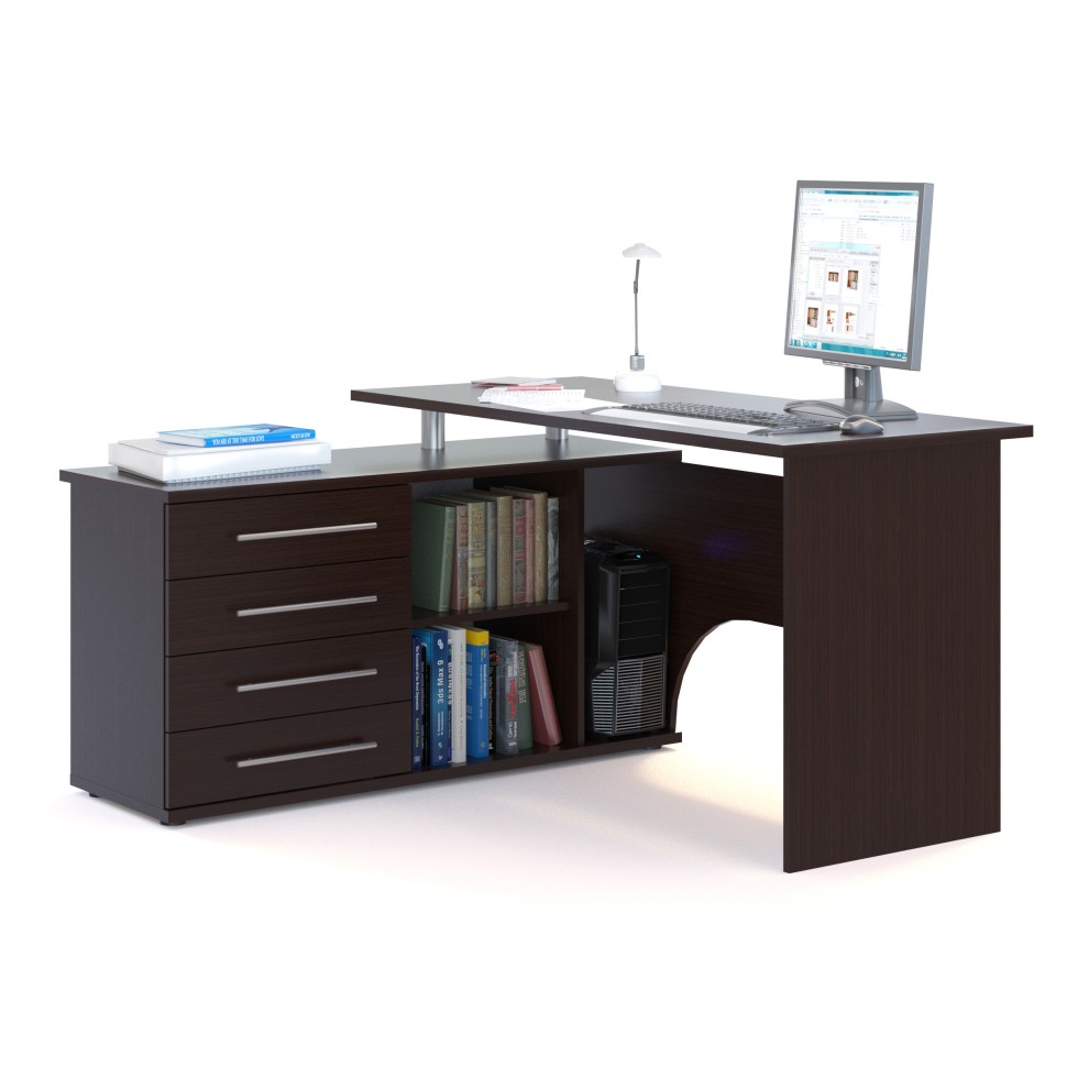 Стол компьютерный Сокол КСТ-109Л левый, цвет венге, ШхГхВ 140х127х75 см., выдвижные ящики слева, стол компьютерный с тумбой