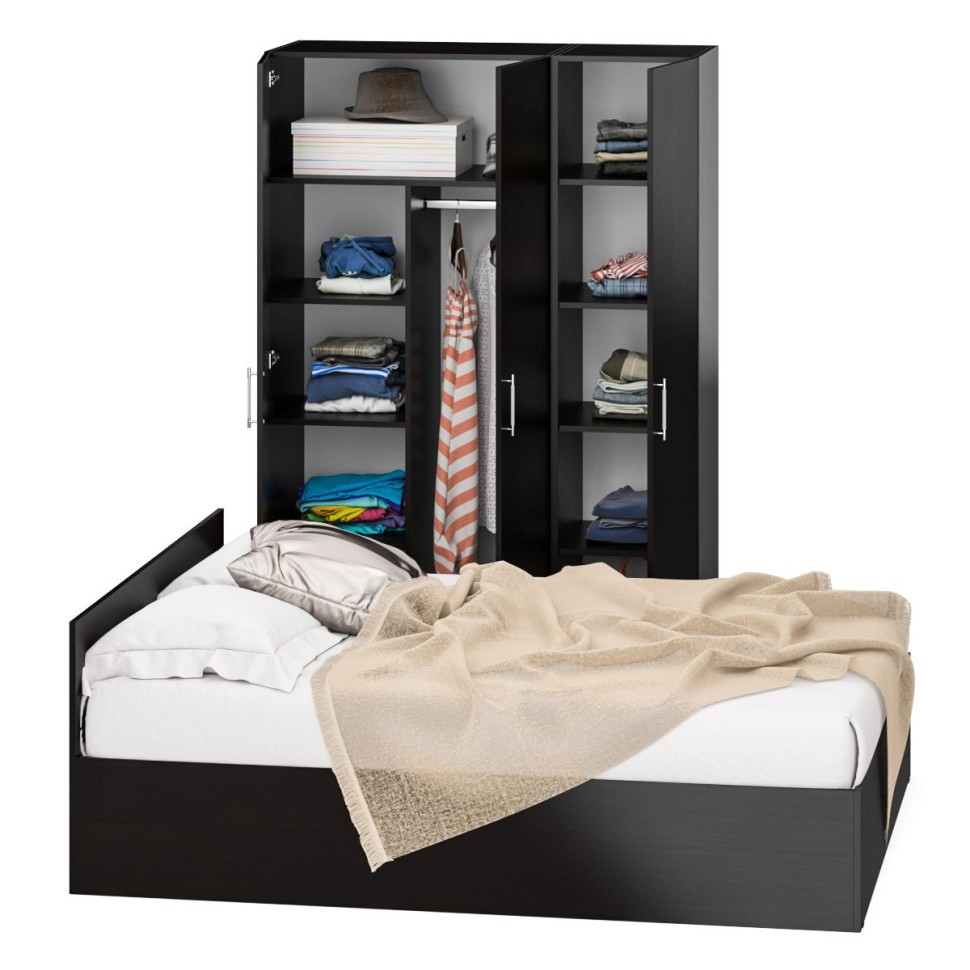 Спальня Стандарт 1-1600, цвет венге, ШхГхВ 163,5х203,5х70 + 135х52х200 см., сп.м. 1600х2000 мм., без матраса, основание есть