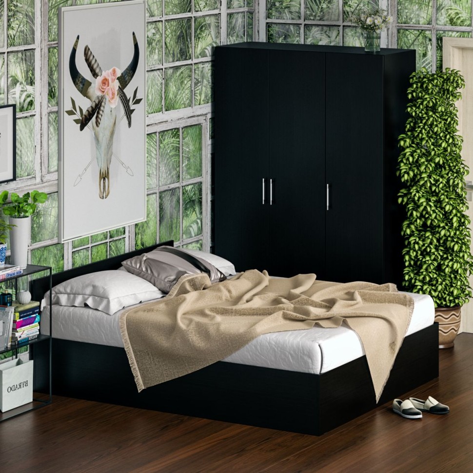 Спальня Стандарт 1-1600, цвет венге, ШхГхВ 163,5х203,5х70 + 135х52х200 см., сп.м. 1600х2000 мм., без матраса, основание есть