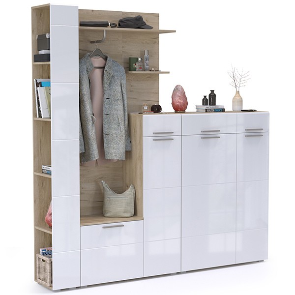 Лайн Прихожая № 09, цвет дуб крафт серый/фасады МДФ белый глянец, ШхГхВ 201,8х35,1х210 см., НЕ универсальная сборка