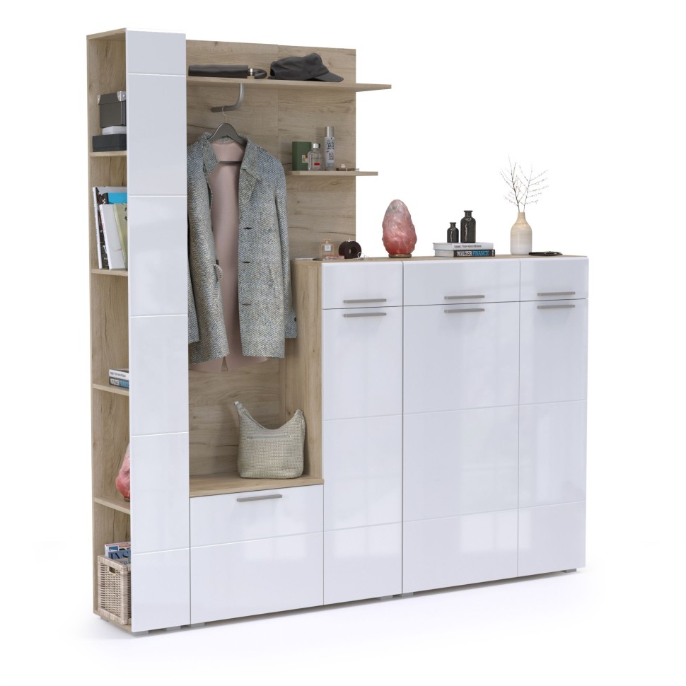 Лайн Прихожая № 09, цвет дуб крафт серый/фасады МДФ белый глянец, ШхГхВ 201,8х35,1х210 см., НЕ универсальная сборка