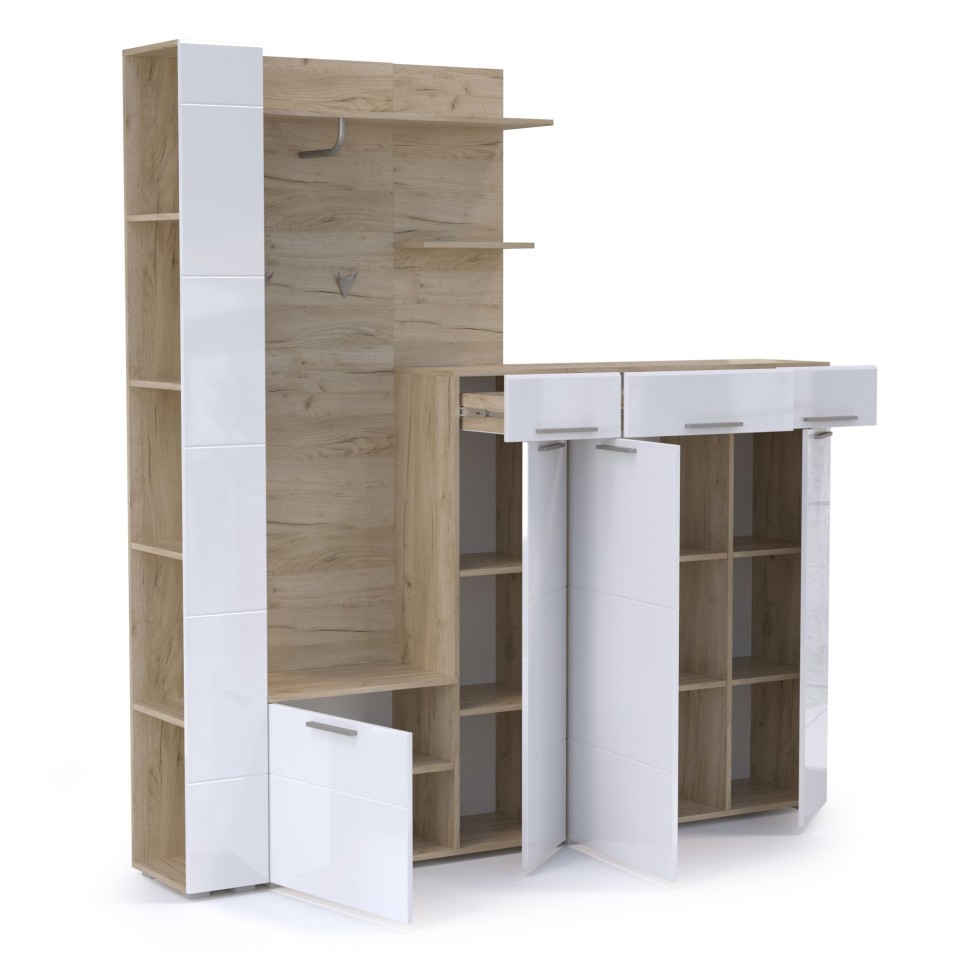 Лайн Прихожая № 09, цвет дуб крафт серый/фасады МДФ белый глянец, ШхГхВ 201,8х35,1х210 см., НЕ универсальная сборка