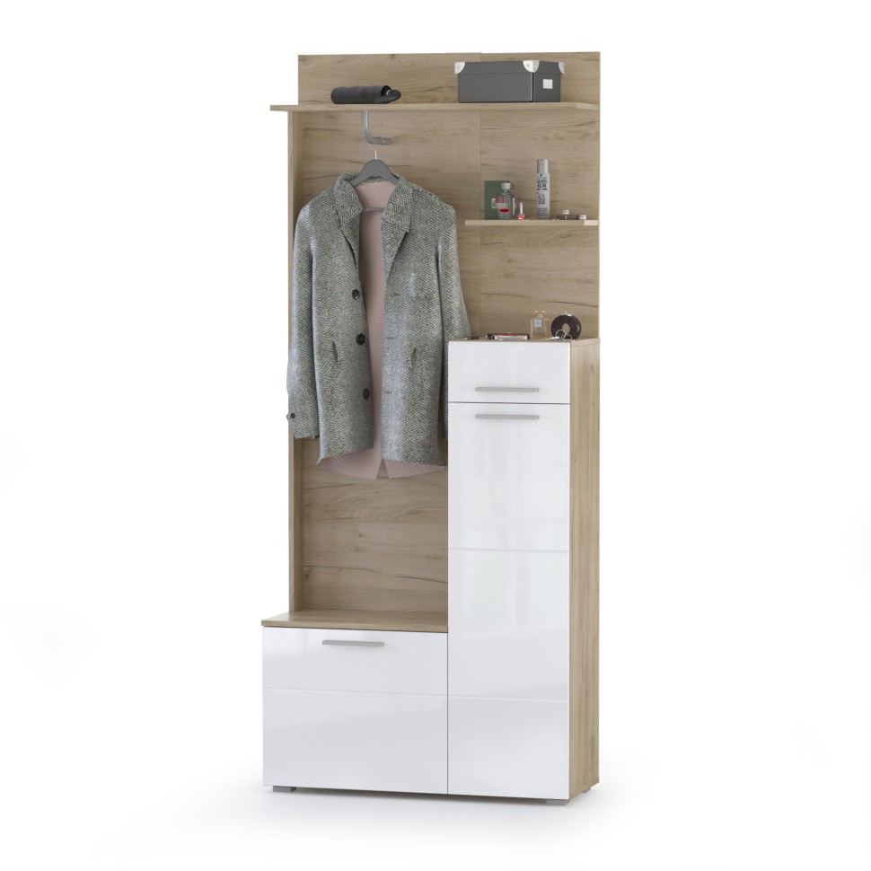Лайн Прихожая № 09, цвет дуб крафт серый/фасады МДФ белый глянец, ШхГхВ 201,8х35,1х210 см., НЕ универсальная сборка