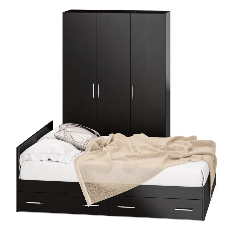 Спальня Стандарт 1-1600Я, цвет венге, ШхГхВ 163,5х203,5х70 + 135х52х200 см., сп.м. 1600х2000 мм., без матраса, основание есть