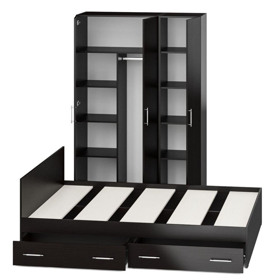 Спальня Стандарт 1-1600Я, цвет венге, ШхГхВ 163,5х203,5х70 + 135х52х200 см., сп.м. 1600х2000 мм., без матраса, основание есть