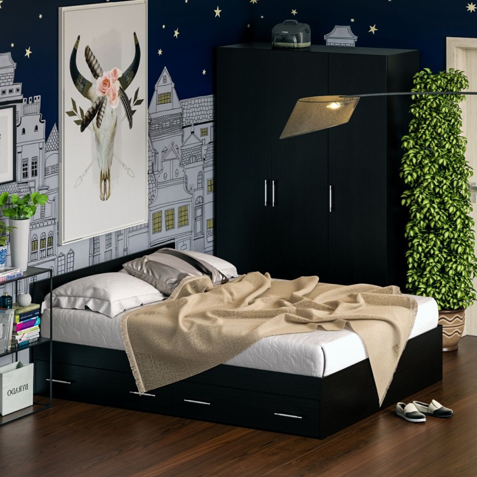 Спальня Стандарт 1-1600Я, цвет венге, ШхГхВ 163,5х203,5х70 + 135х52х200 см., сп.м. 1600х2000 мм., без матраса, основание есть