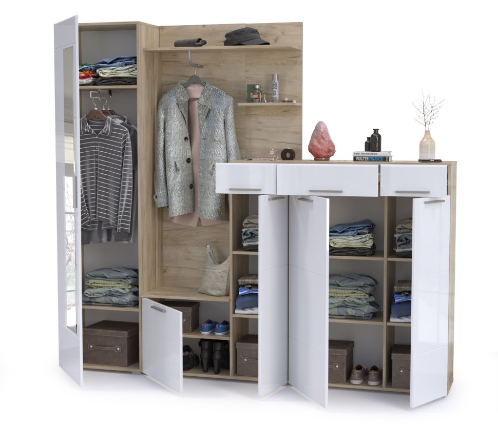 Лайн Прихожая № 10, цвет дуб крафт серый/фасады МДФ белый глянец, ШхГхВ 234,8х35,1х210 см., НЕ универсальная сборка