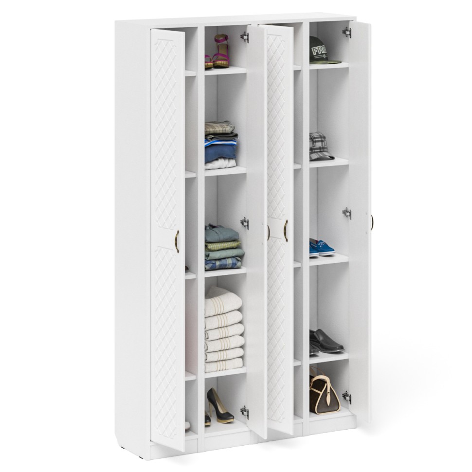 Прихожая П-6 Пенал 4 штуки, цвет белая шагрень/фасады МДФ белое дерево фрезеровка ромб, ШхГхВ 60х35х210 см., универсальная сборка