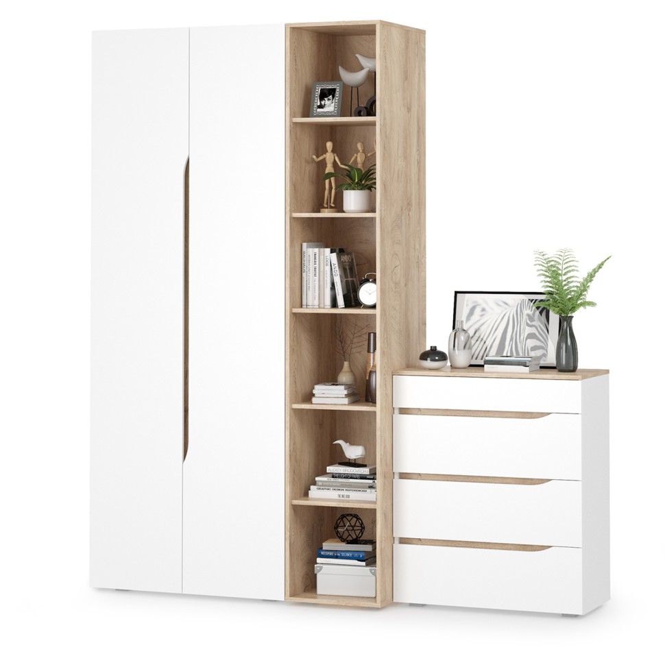 Муссон 13.198 Шкаф двухстворчатый + 13.349 Стеллаж + 13.97 Комод, цвет белый/дуб эндгрейн элегантный, ШхГхВ 204,6х52,3х229,8 см., НЕ универс. сборка