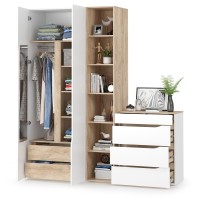Муссон 13.198 Шкаф двухстворчатый + 13.349 Стеллаж + 13.97 Комод, цвет белый/дуб эндгрейн элегантный, ШхГхВ 204,6х52,3х229,8 см., НЕ универс. сборка