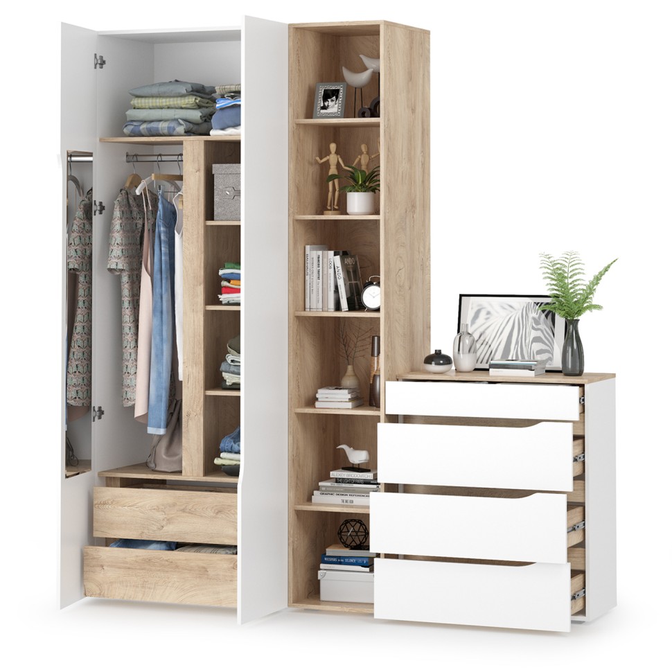 Муссон 13.198 Шкаф двухстворчатый + 13.349 Стеллаж + 13.97 Комод, цвет белый/дуб эндгрейн элегантный, ШхГхВ 204,6х52,3х229,8 см., НЕ универс. сборка